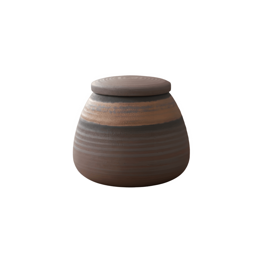 Bodhi mini urn, bruin met horizontale strepen en een lichtere band, ronde vorm
