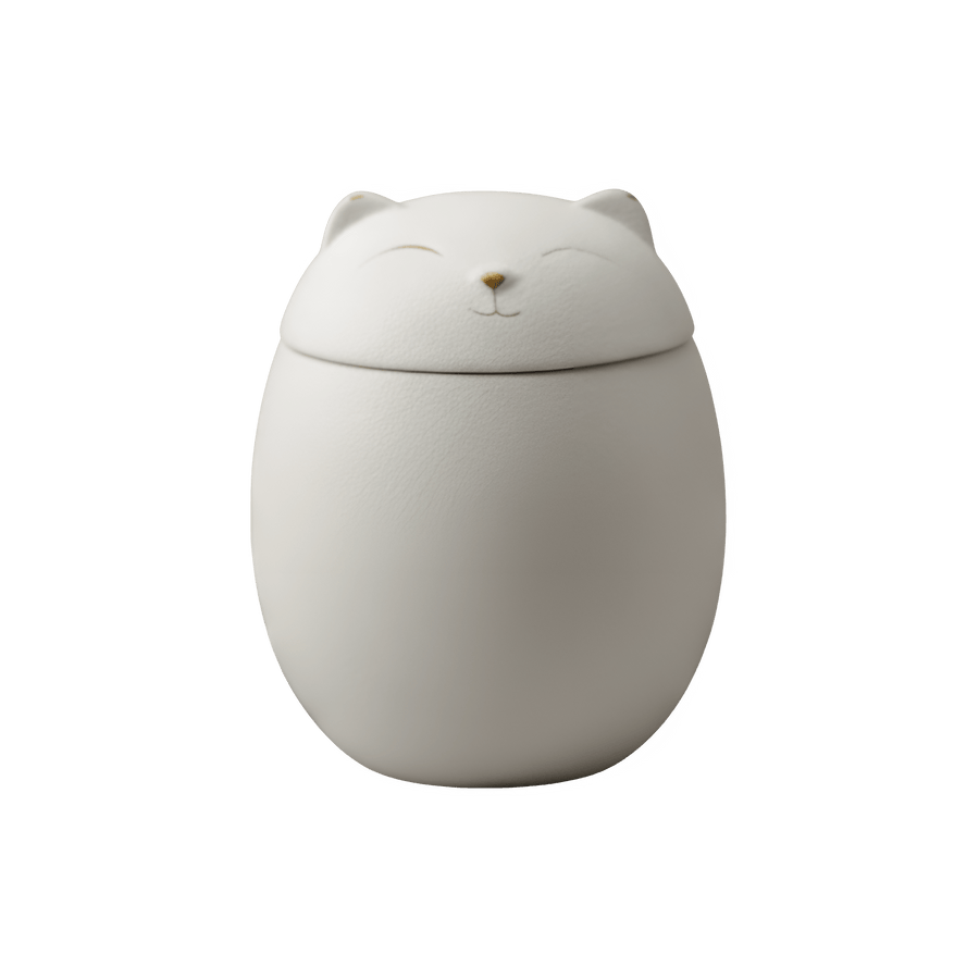Witte keramische urn, eivormig, deksel met kattengezichtje en gouden details