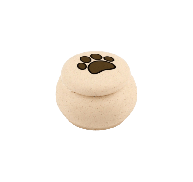Ronde beige urn met een bruine pootafdruk op de deksel, 120 ML