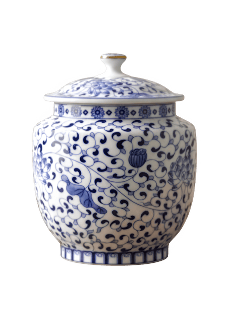Witte keramische urn met blauw bloesemdecoratie, ronde vorm met deksel
