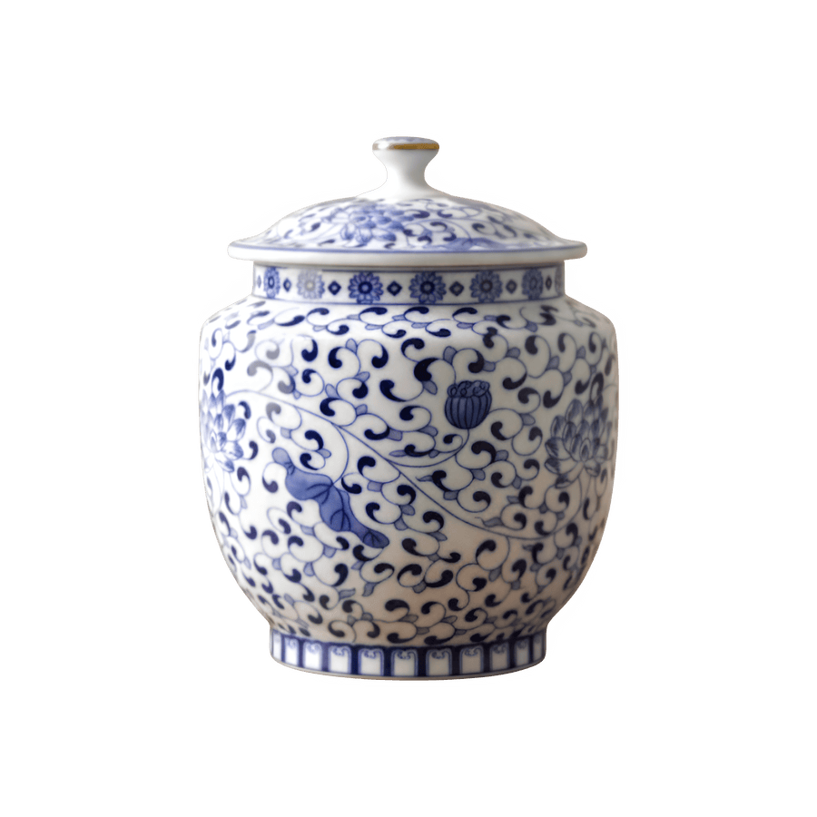 Witte keramische urn met blauw bloesemdecoratie, ronde vorm met deksel
