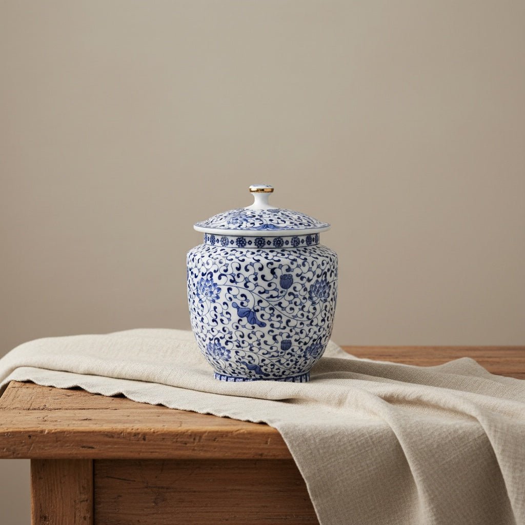 Bloesem urn, wit-blauw porselein, bloemdecoratie, gouden knop, 1L