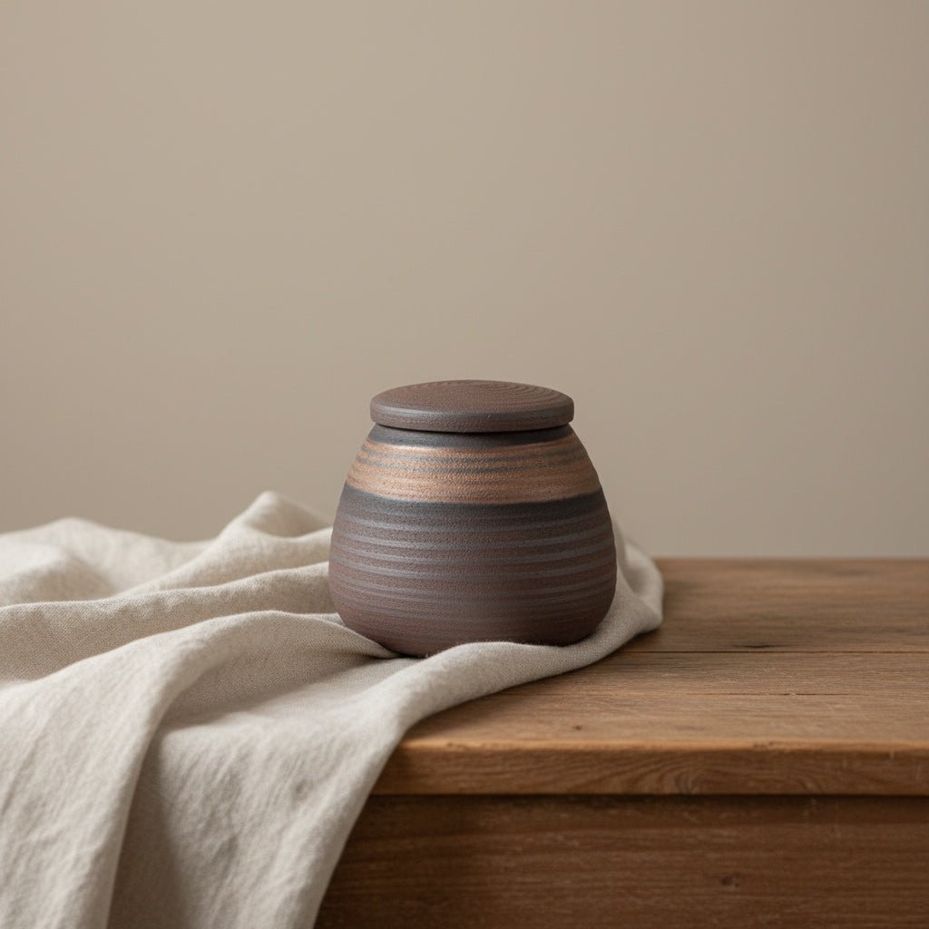 Keramische bruine urn met horizontale strepen en een bronzen band, ronde vorm