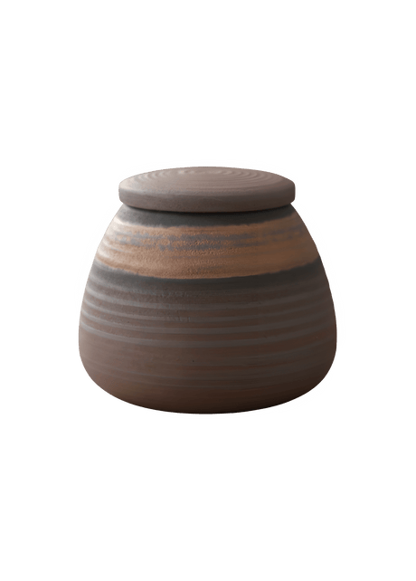 Bodhi mini urn, bruin met horizontale strepen en een lichtere band, ronde vorm