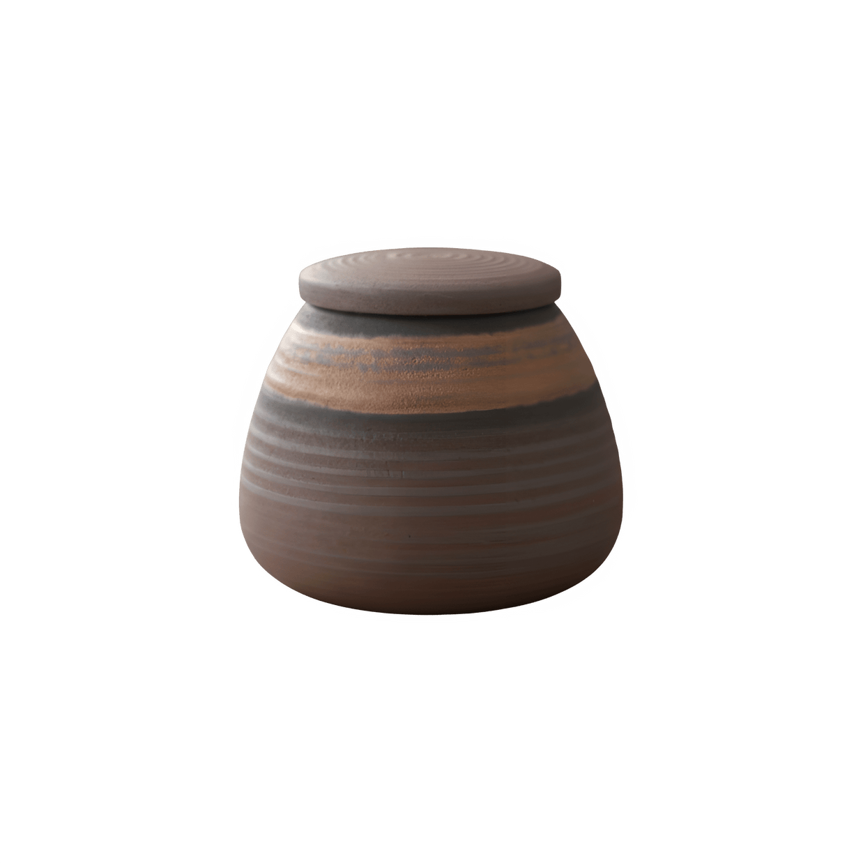 Bodhi mini urn, bruin met horizontale strepen en een lichtere band, ronde vorm
