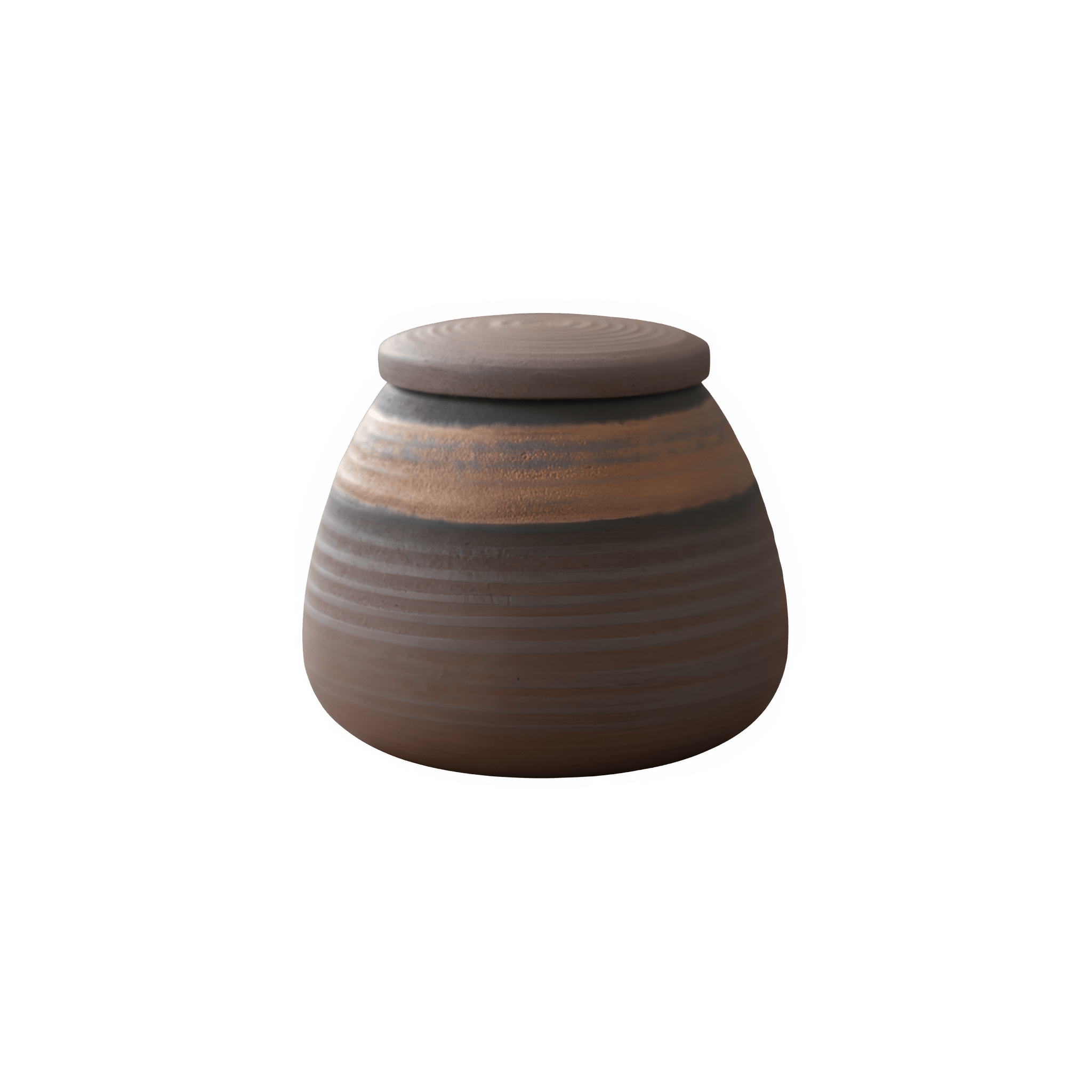 Bodhi mini urn, bruin met horizontale strepen en een lichtere band, ronde vorm