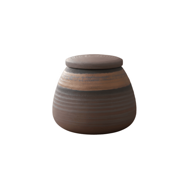 Bodhi mini urn, bruin met horizontale strepen en een lichtere band, ronde vorm