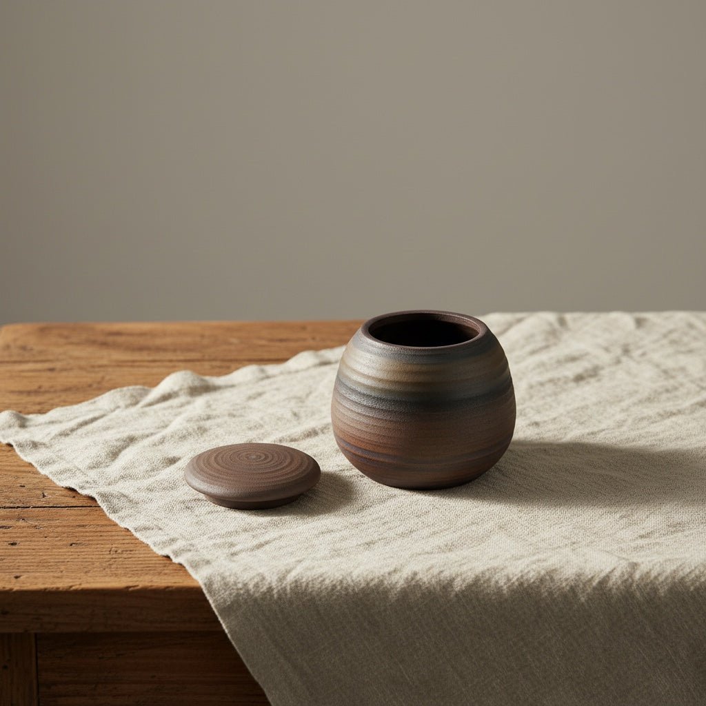 Bodhi mini urn, bruin keramiek met horizontale strepen, ronde vorm, deksel ernaast
