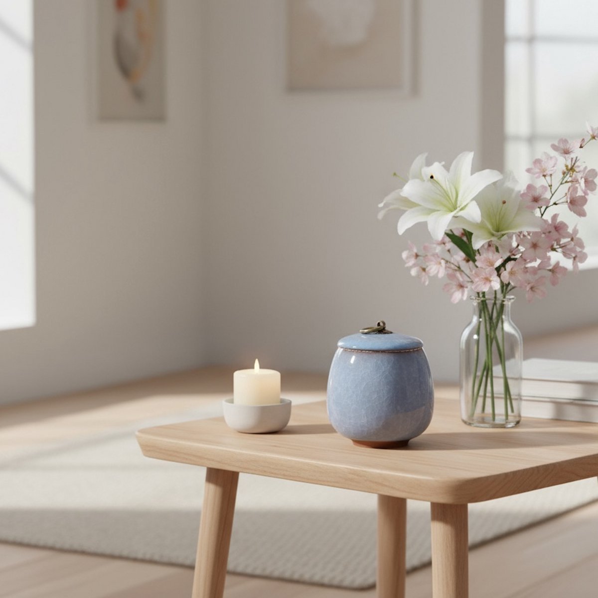 Celeste urn, hemelblauw keramiek met craquelé, ronde vorm, bronzen dekselknop