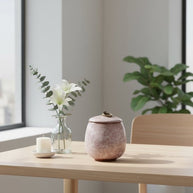 Lichtroze marmeren urn met gouden knop, ovale vorm, op een houten tafel