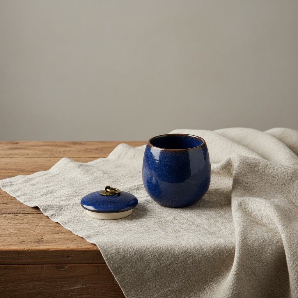 Donkerblauwe keramische urn met deksel en messing handvat, ronde vorm