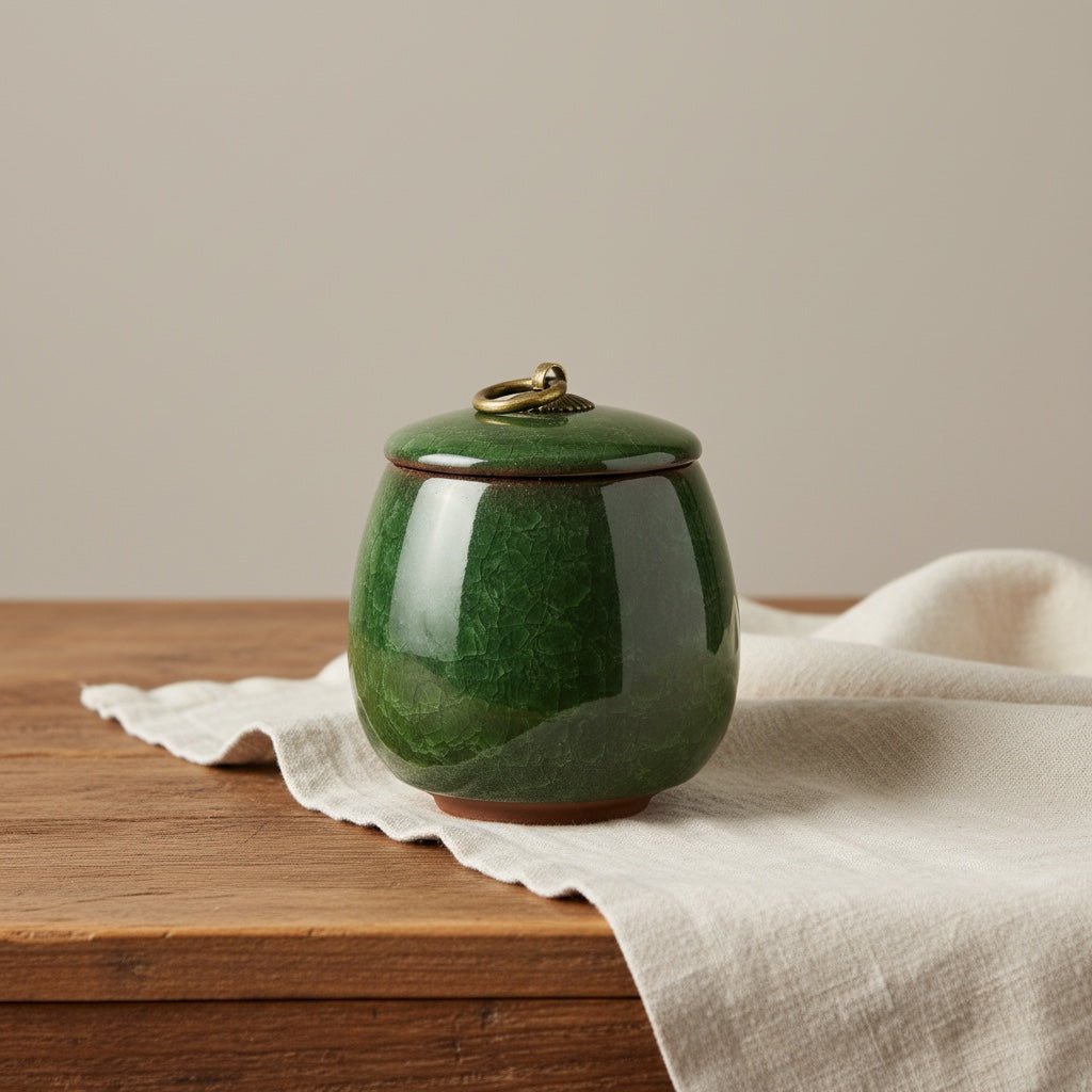 Donkergroene keramische urn met craquelé glazuur en bronzen ring op de deksel, ronde vorm