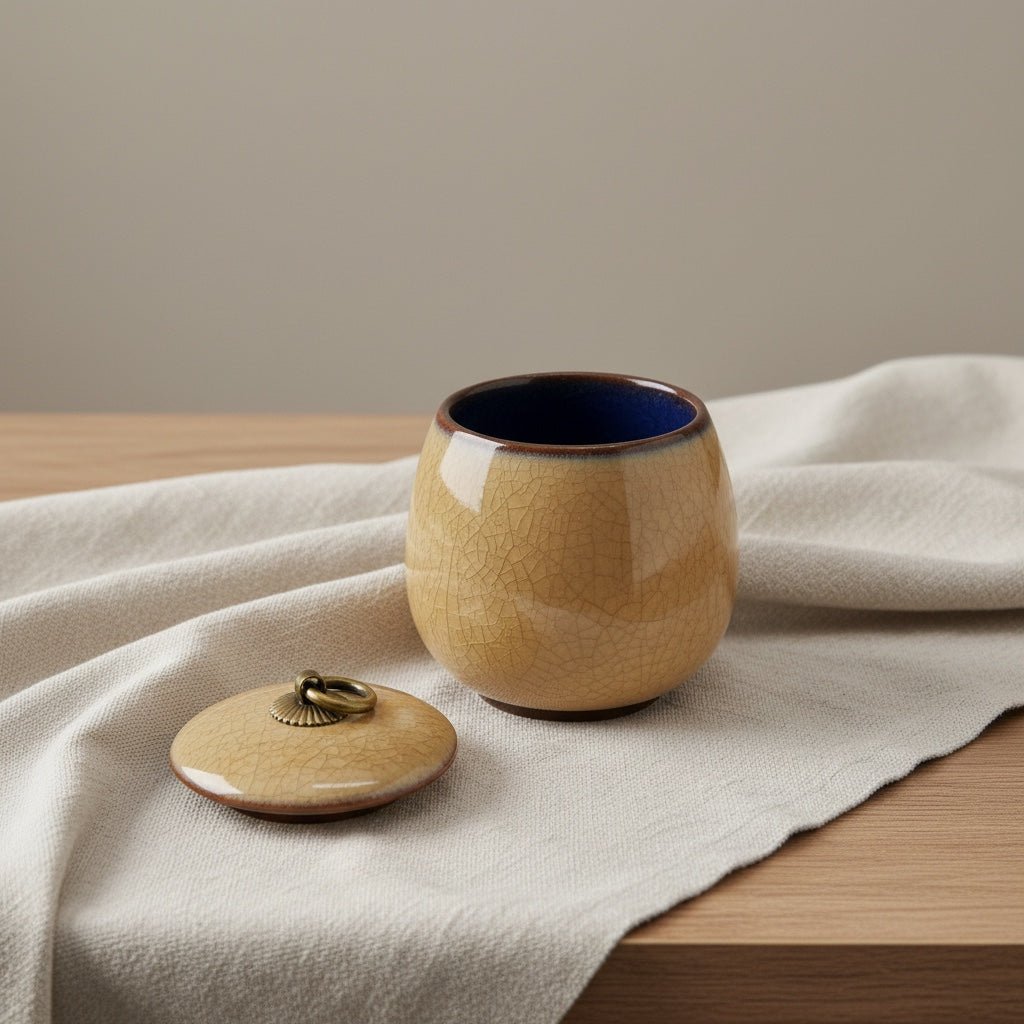 Keramische gele urn met craquelépatroon, blauwe binnenkant, bronzen dekselknop
