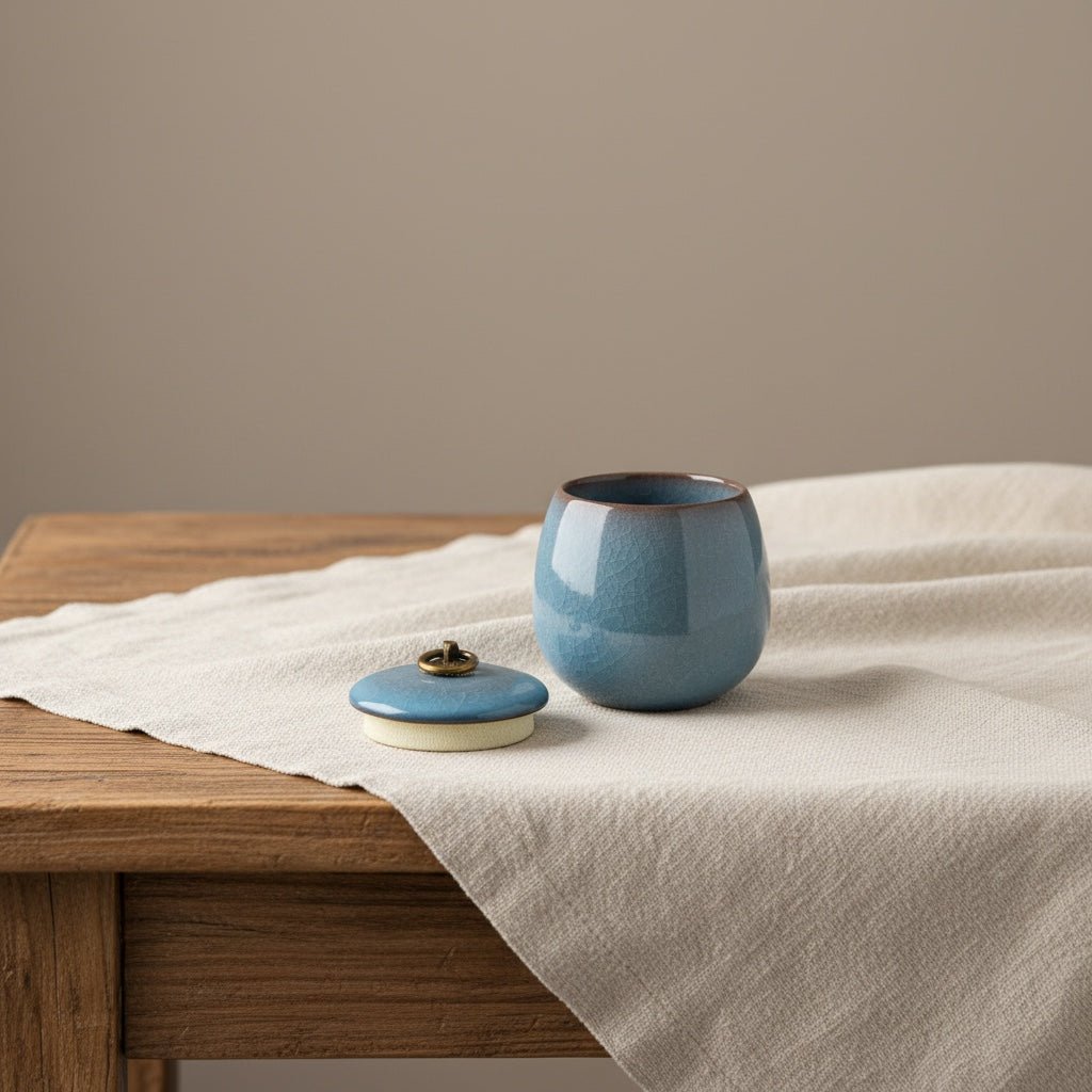 Celeste urn hemelblauw, ronde vorm, craquelé glazuur, met deksel op houten tafel