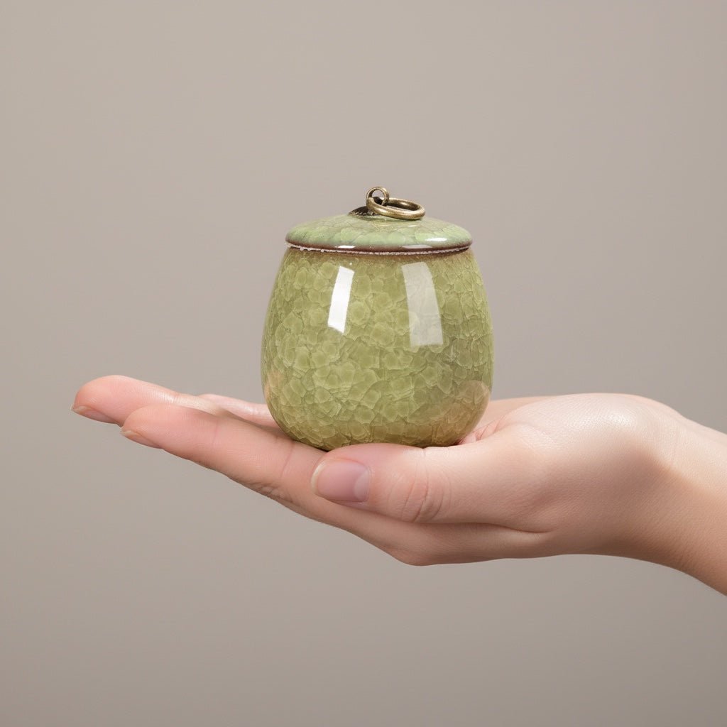 Lichtgroene keramische urn met craquelépatroon en bronzen ring op de deksel, 170ML