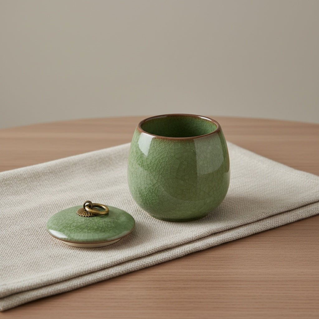 Lichtgroene craquelé keramische urn, ronde vorm, met bronzen ring op deksel