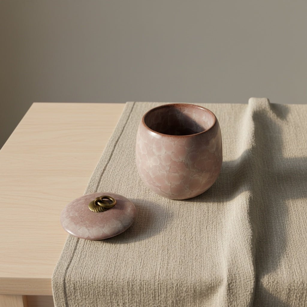 Lichtroze keramische urn met deksel, ronde vorm, kristalglazuur, messing handvat