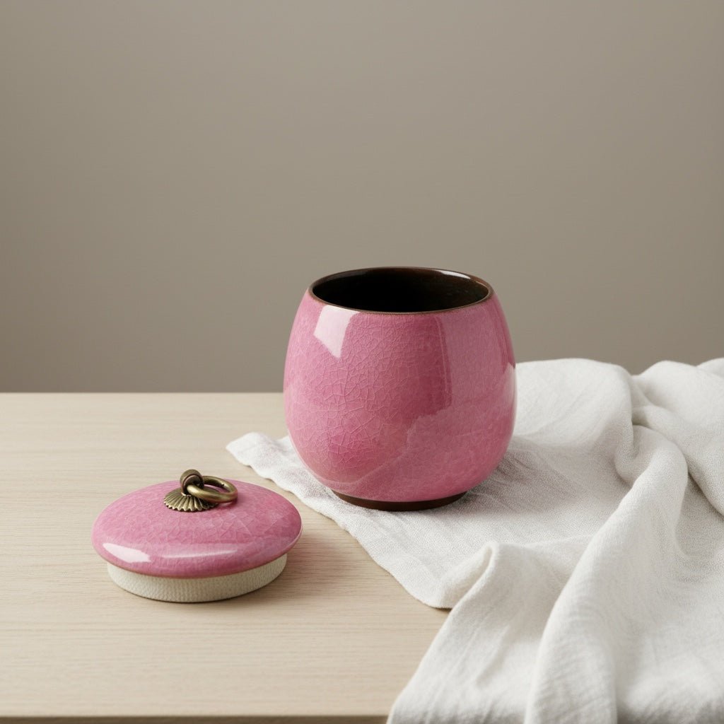 Roze keramische urn met deksel, craquelé glazuur, ronde vorm, messing ring op deksel