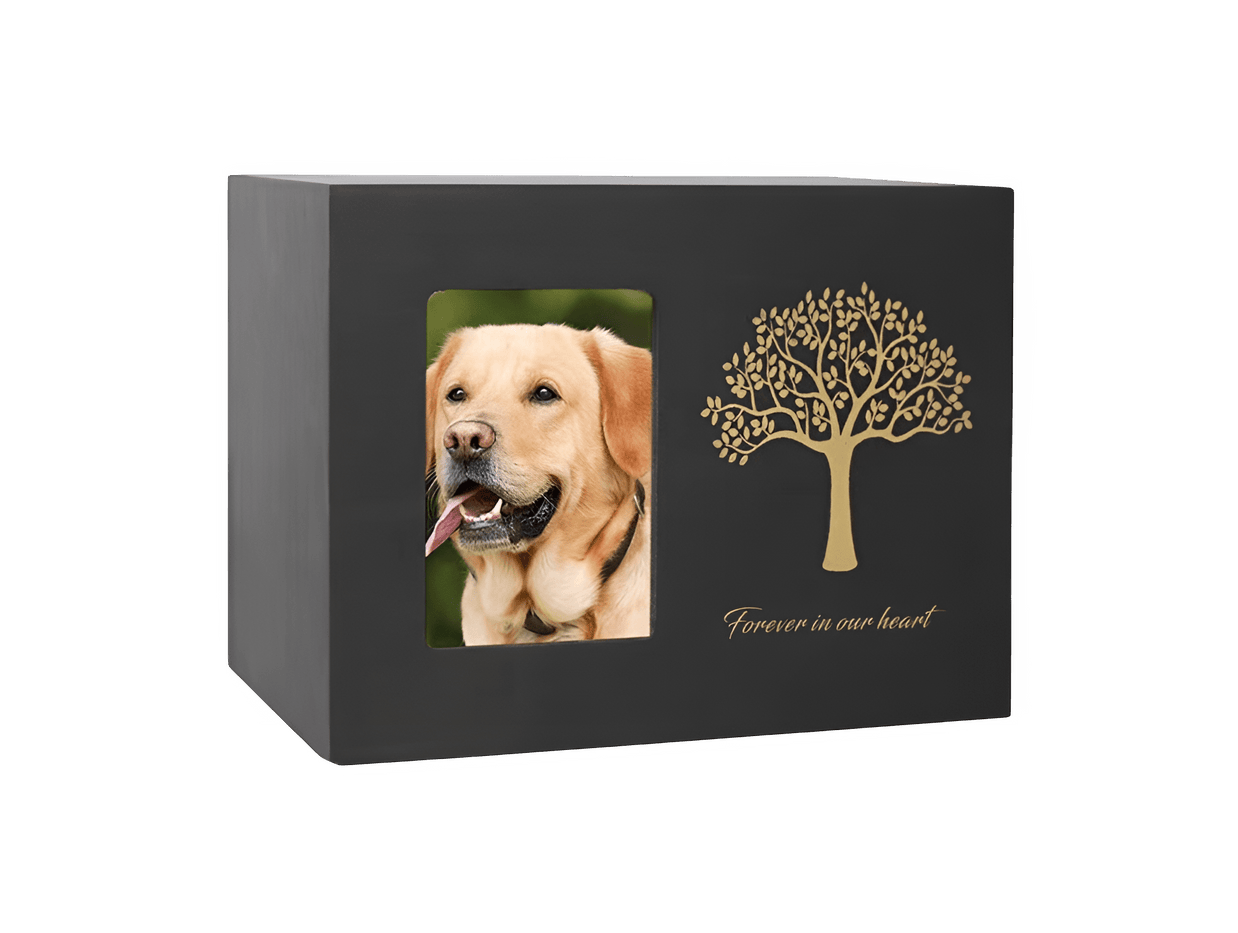 Zwarte houten urn met foto van labrador en gouden levensboom, tekst: forever in our heart
