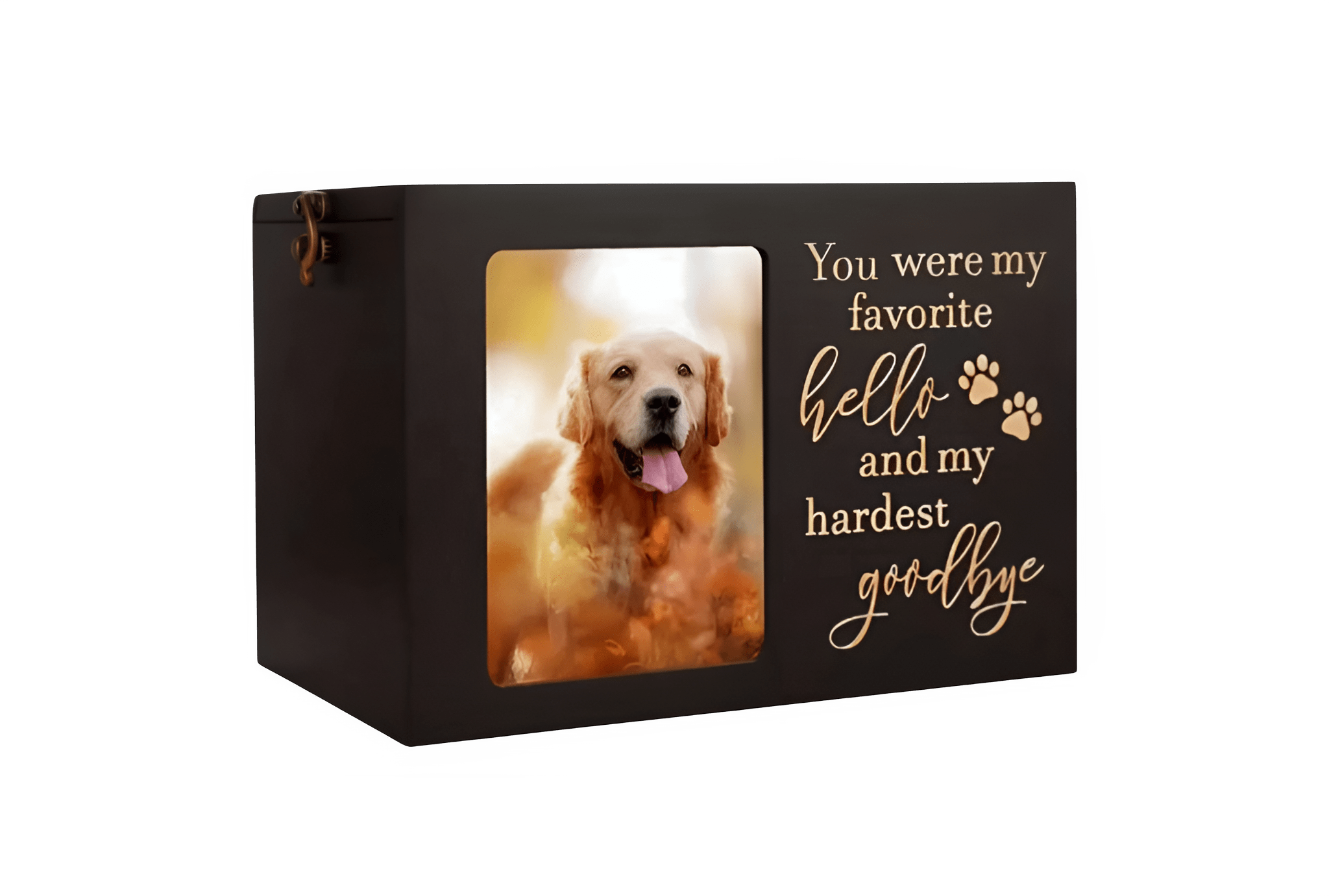 Zwarte houten urn met foto van een golden retriever en de tekst: 'You were my favorite hello and my 