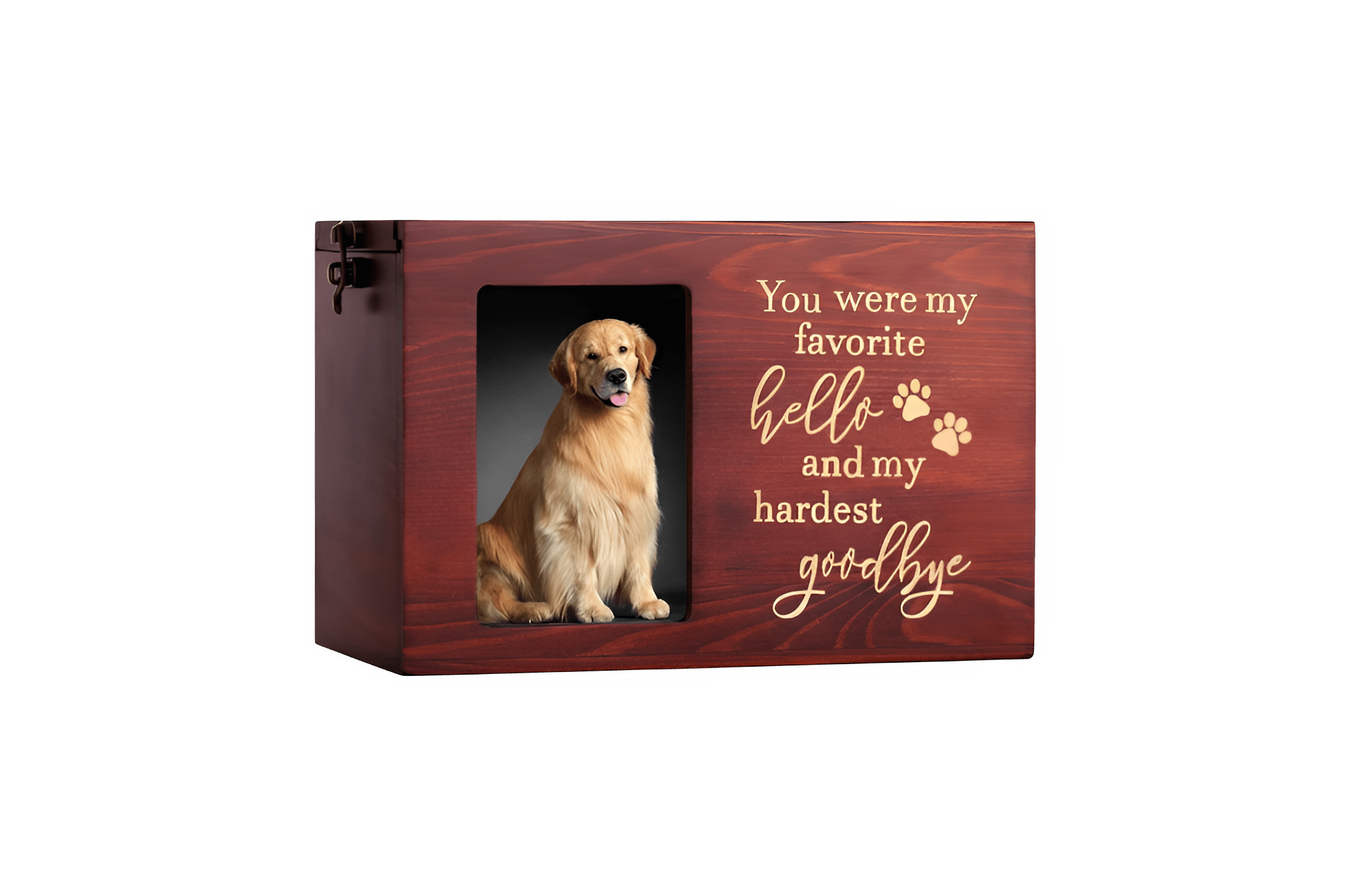 Houten urn met foto van een golden retriever en tekst: 'You were my favorite hello and my hardest go
