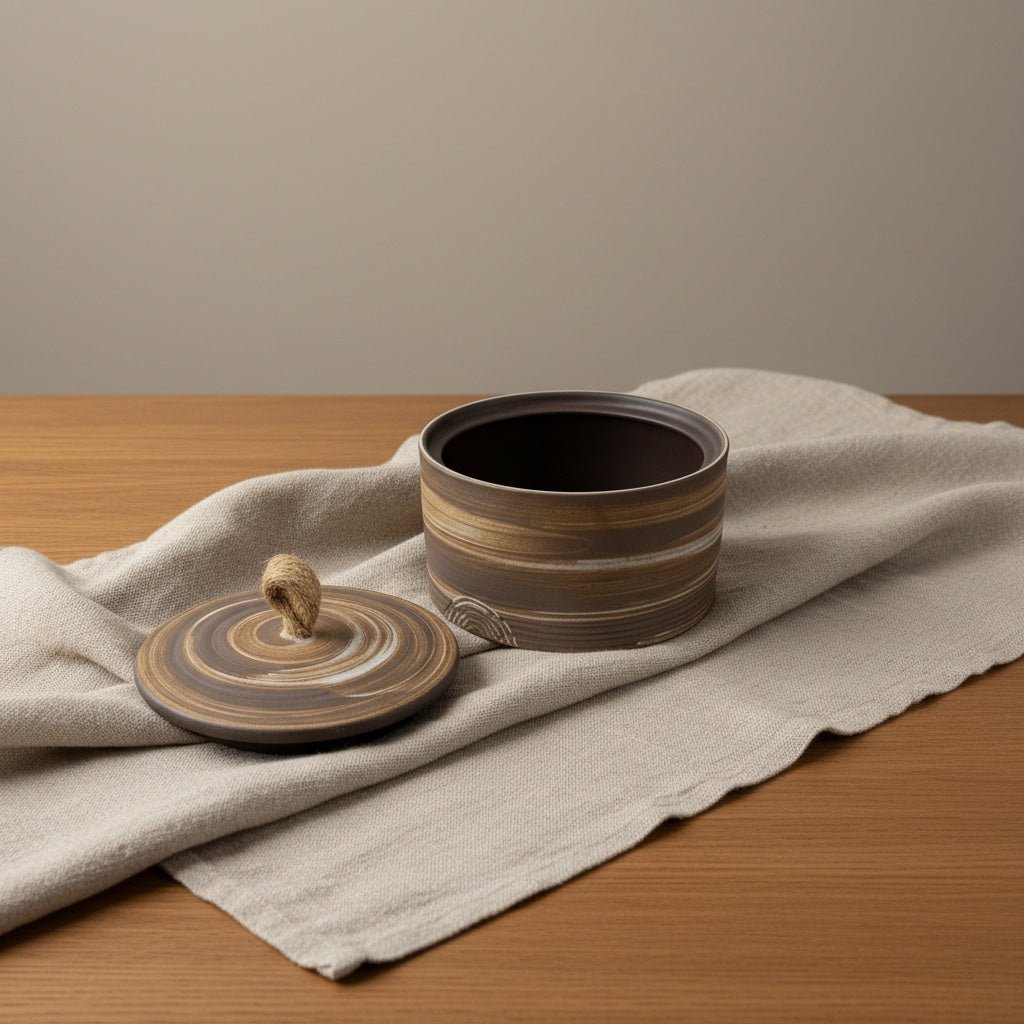 Keramische bruine urn met eikenhout-look strepen, ronde vorm, touw op deksel