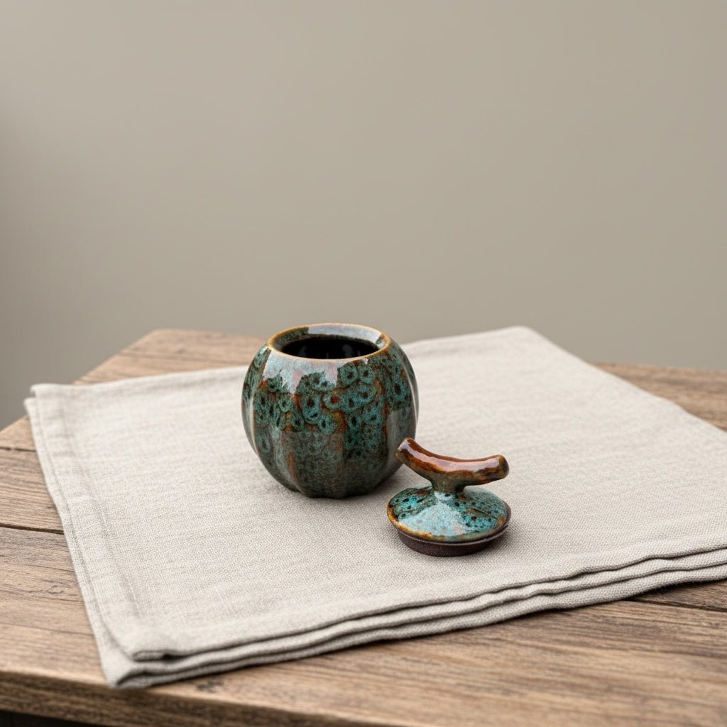 Eternis urn, blauwgroen keramiek met unieke glazuurdecoratie, ronde vorm, 450ML