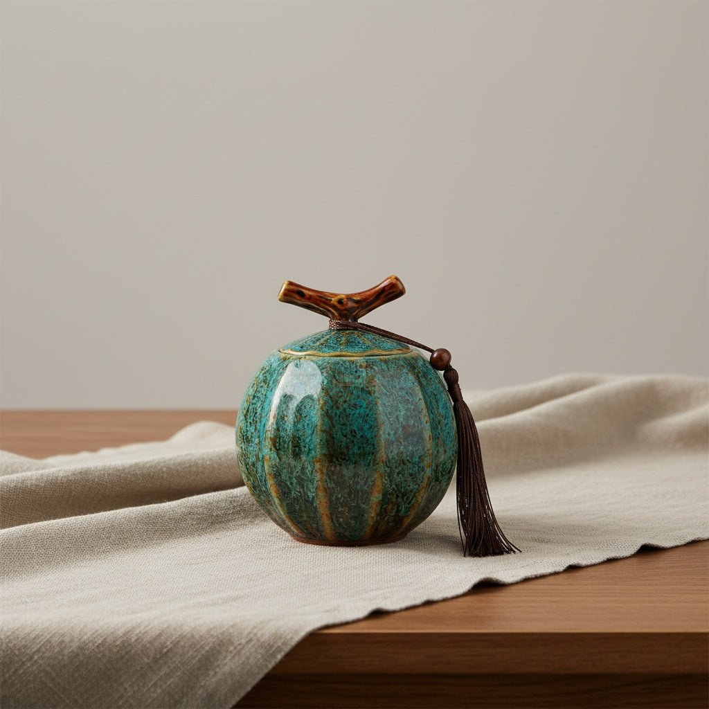 Keramische blauwgroene urn met ribbels, takvormige deksel en bruine kwast, ronde vorm