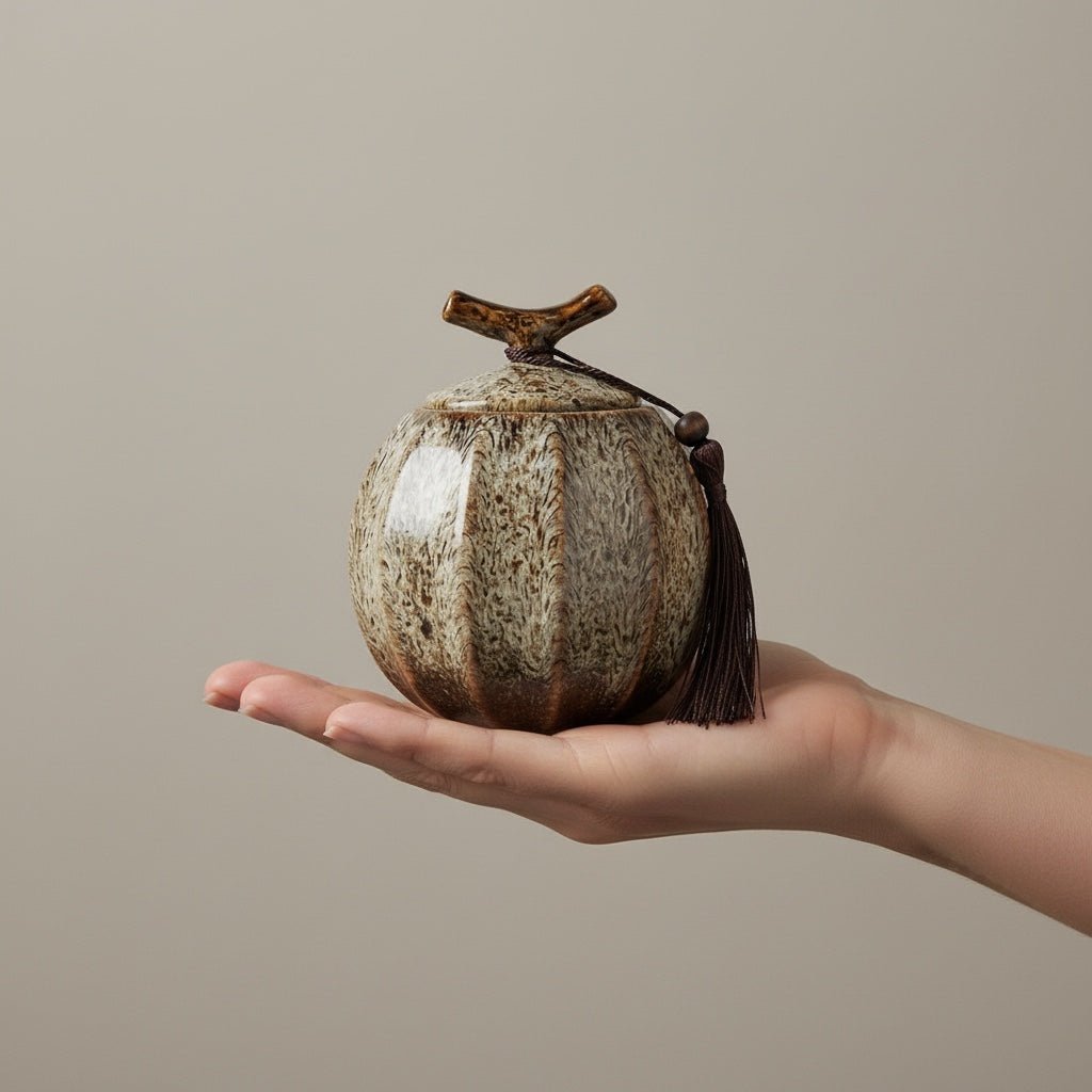 bruine keramische urn met spikkelpatroon, pompoenvorm, bronzen steel en kwastje, in hand