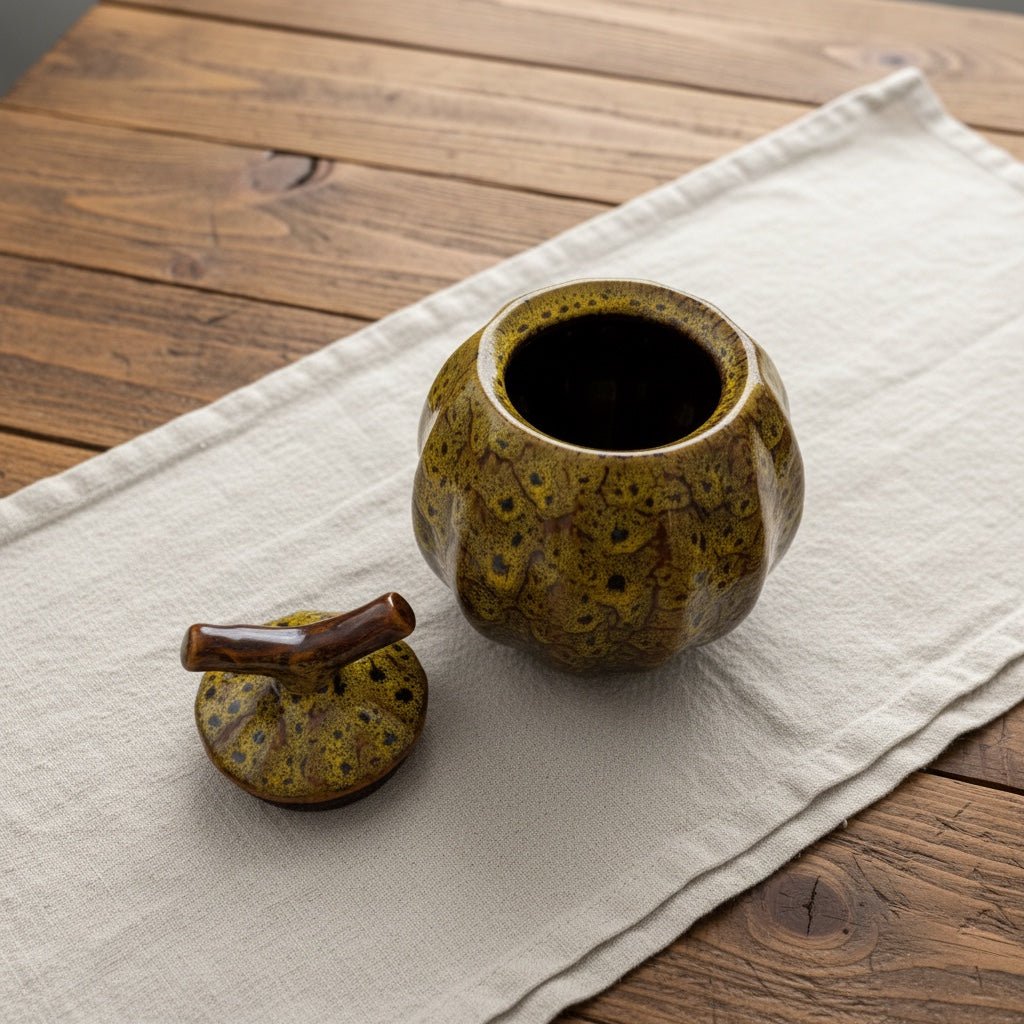 Keramische gele urn met deksel, pompoen vorm, 450ML