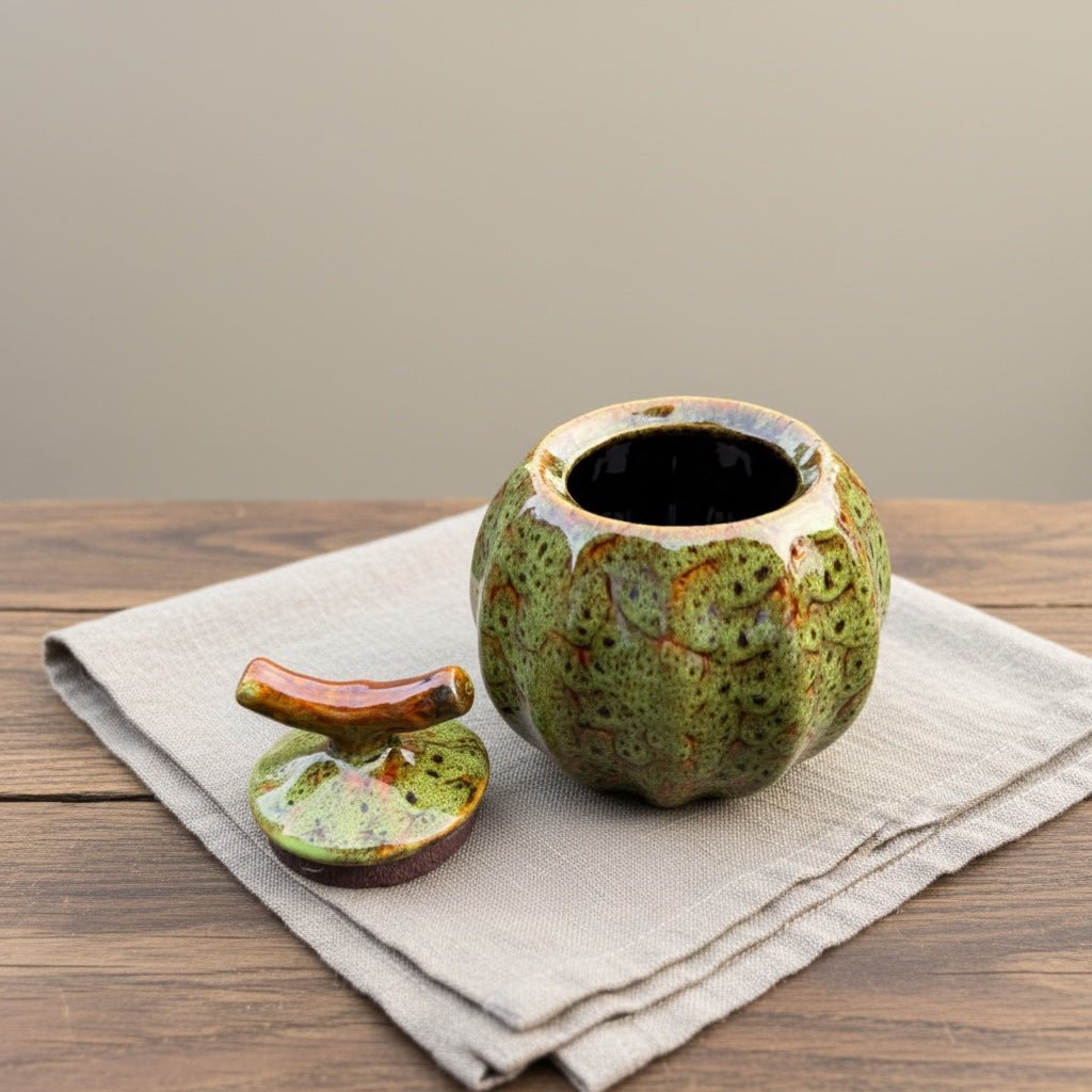 Groene keramische urn, pompoenvormig met deksel, op een houten tafel met linnen doek