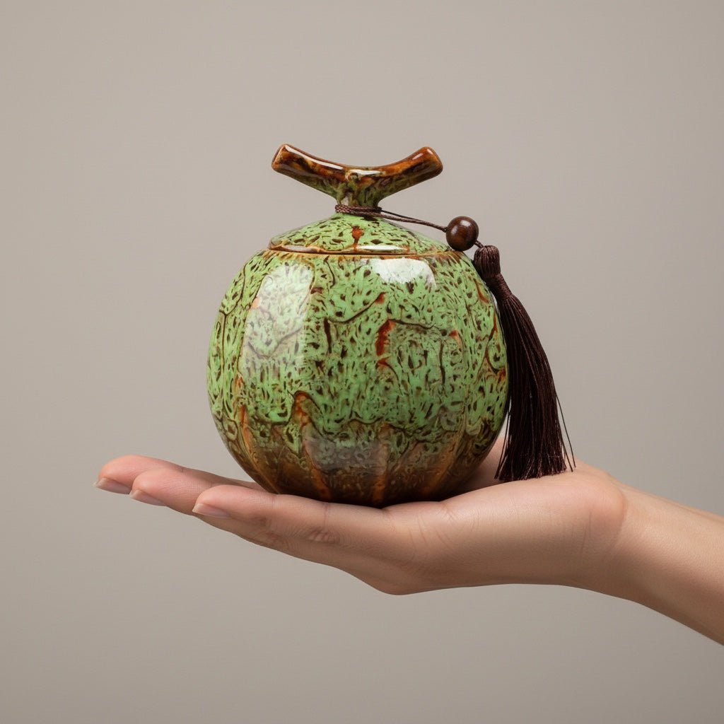 Groene keramische urn met bruine spikkels, pompoenvormig, kwastje aan de deksel, in hand