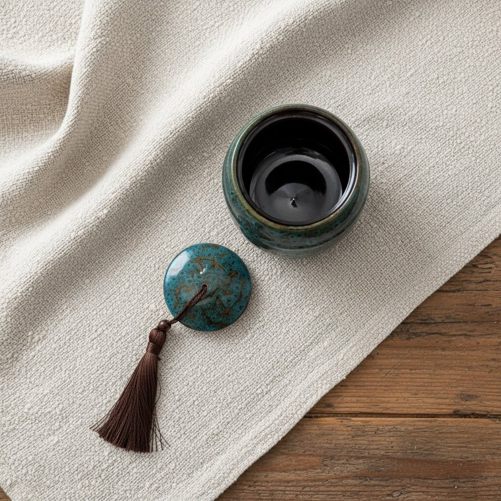 Blauwe keramische urn met deksel en bruine kwast, ronde vorm