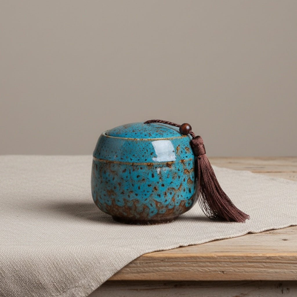 Keramische blauw-bruine urn met gespikkeld glazuur en bruine kwast, ronde vorm