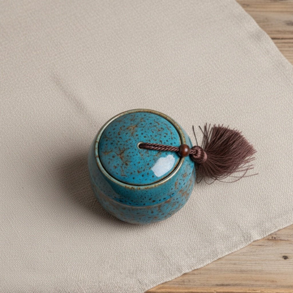Ronde blauwe keramische urn met spikkels, bruin kwastje en koordje