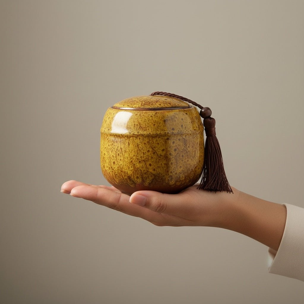 Ronde gele keramische urn met gespikkeld glazuur en bruine kwast, in een hand