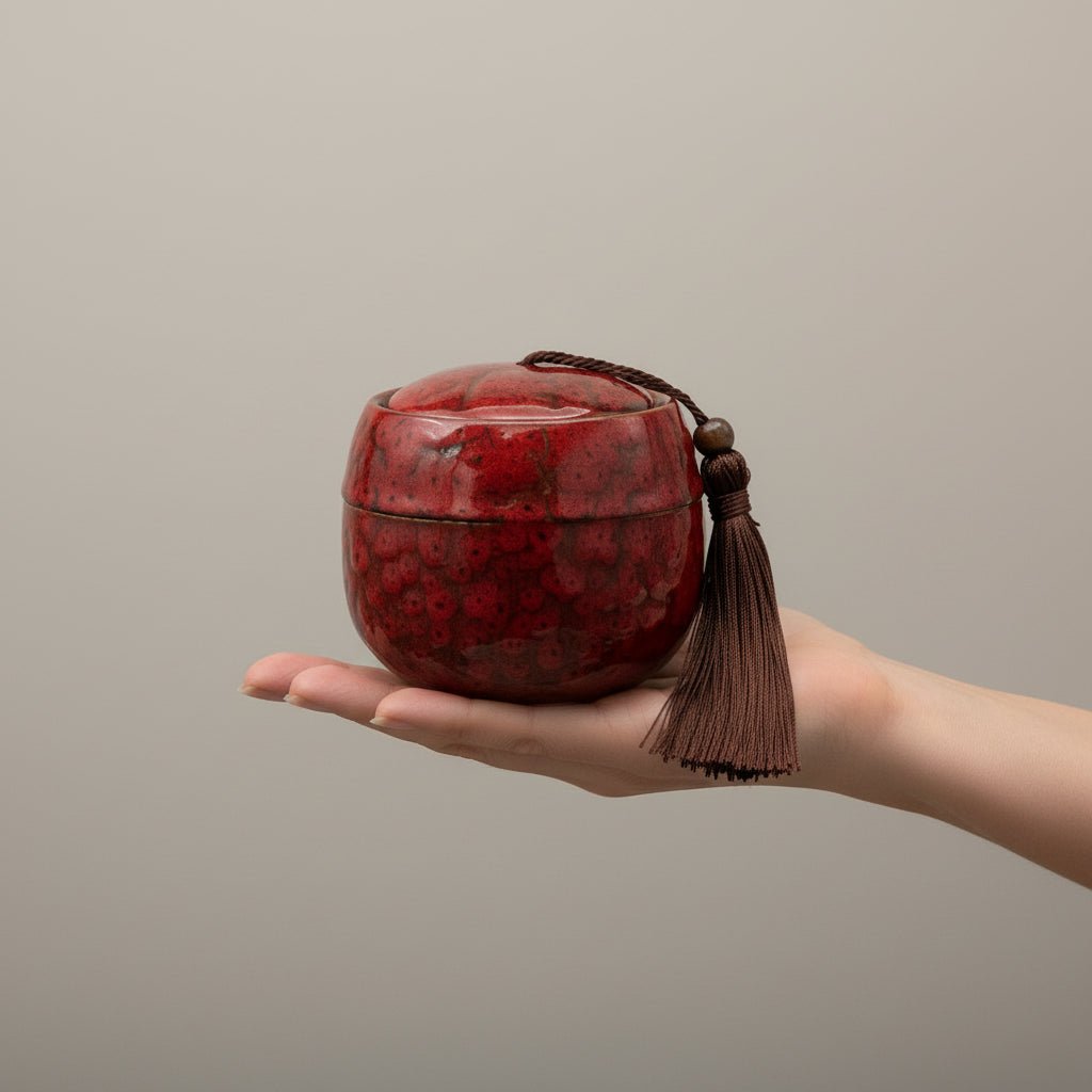 Ronde rode keramische urn met gestippeld patroon en bruine kwast, in een hand