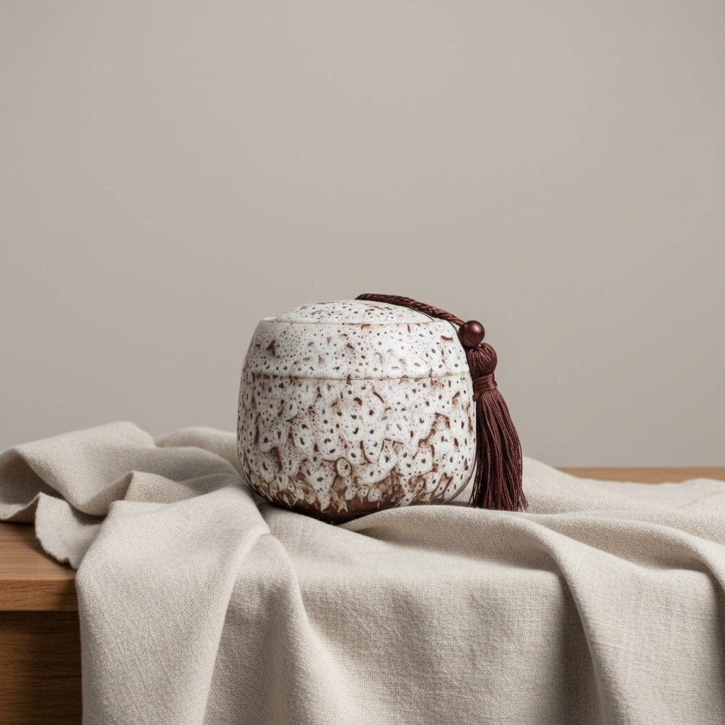 Witte keramische urn met bruine spikkeltextuur en bruine kwast, ronde vorm