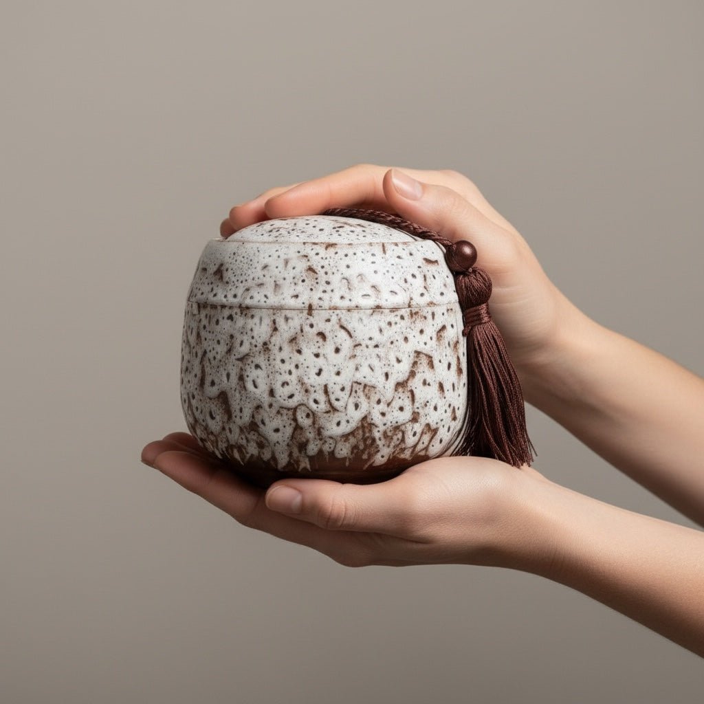 Witte keramische urn met bruine spikkeldecoratie en bruine kwast, ronde vorm