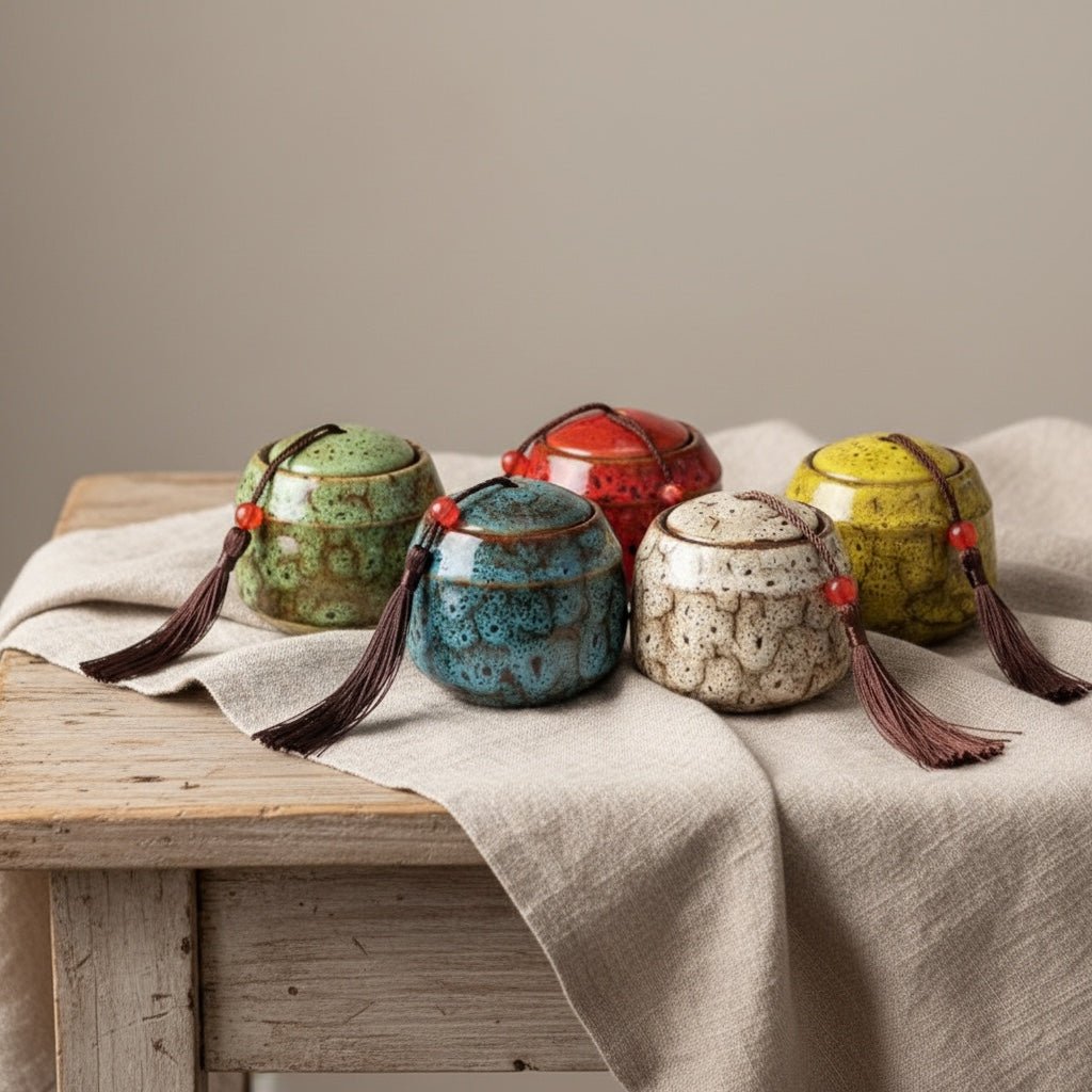 Keramische urnen in groen, blauw, rood, wit en geel met kwastjes, ronde vorm