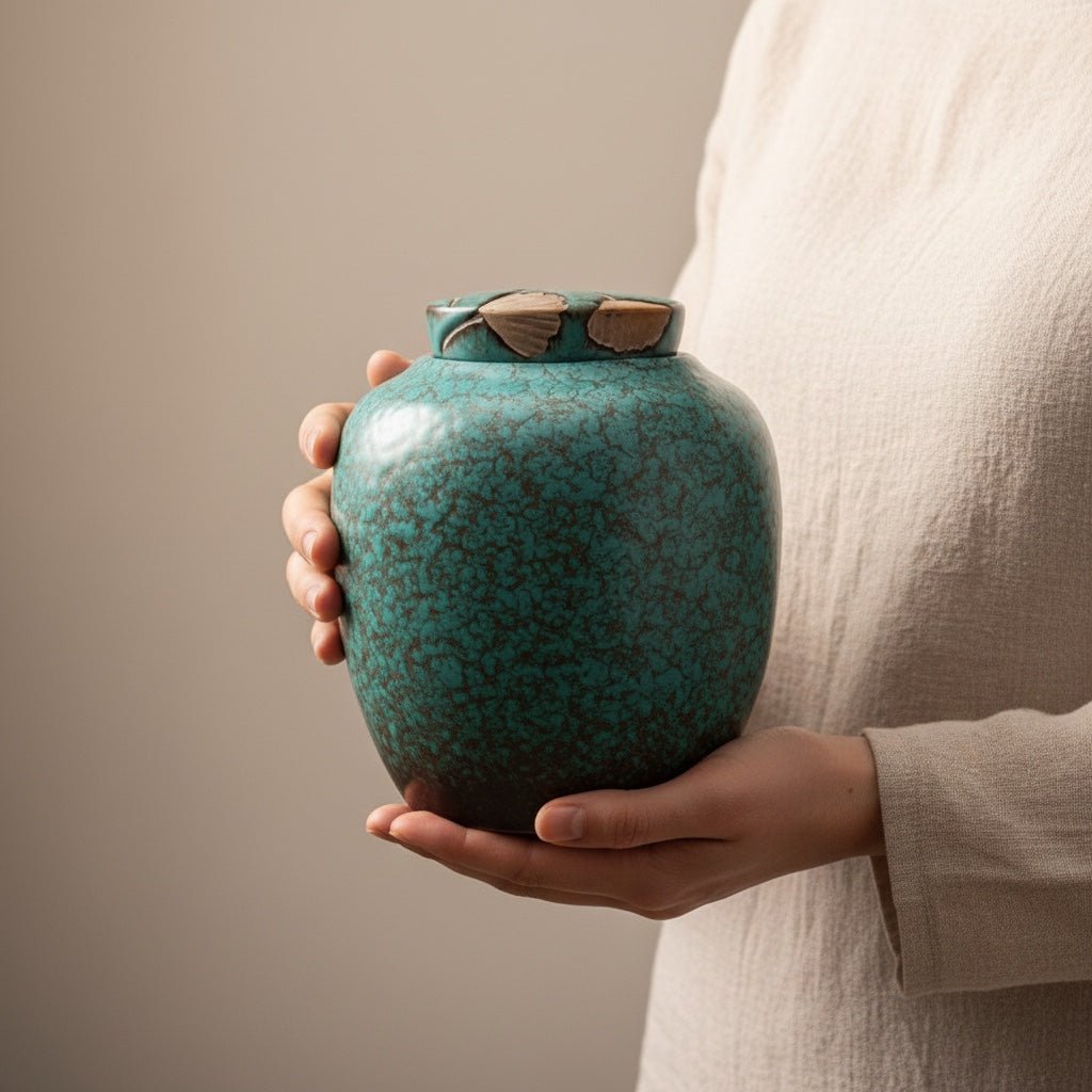 Een persoon houdt een keramische urn vast met beide handen | Izu urn - 2200ML | Artic Urnen