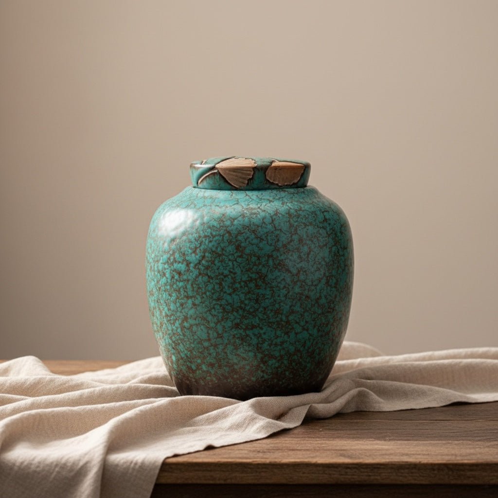 Urn Izu urn turquoise – Keramische urn met craquelé en ginkgo deksel | Artic Urnen