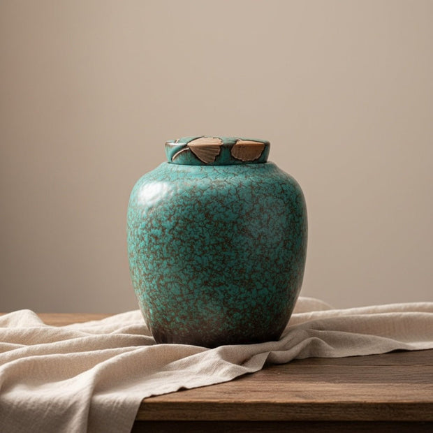 Urn Izu urn turquoise – Keramische urn met craquelé en ginkgo deksel | Artic Urnen