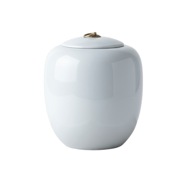 Witte glanzende keramische urn, ovale vorm, met een gouden ring op de deksel