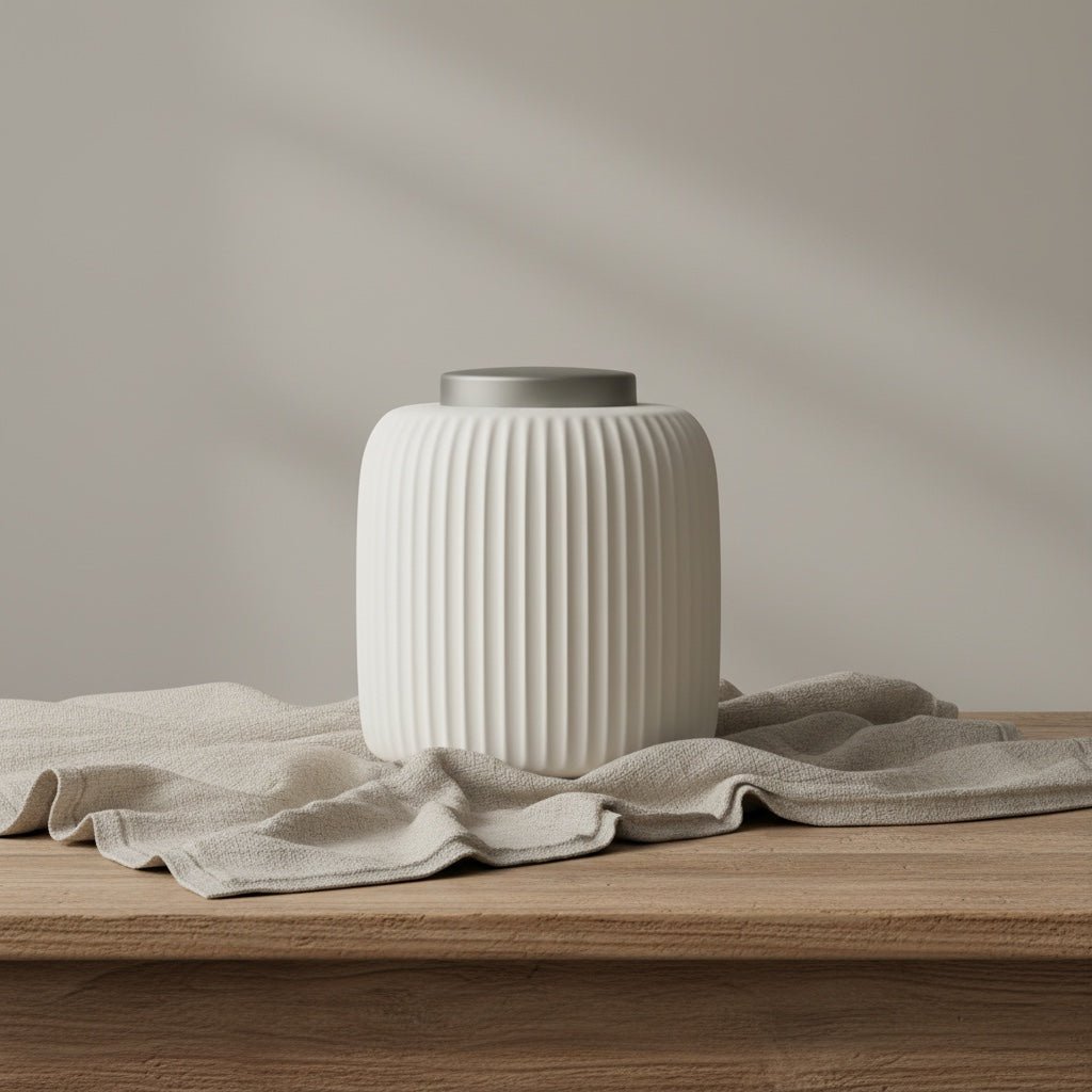 Witte geribbelde keramische urn met een grijze deksel, staand op een houten tafel met linnen doek