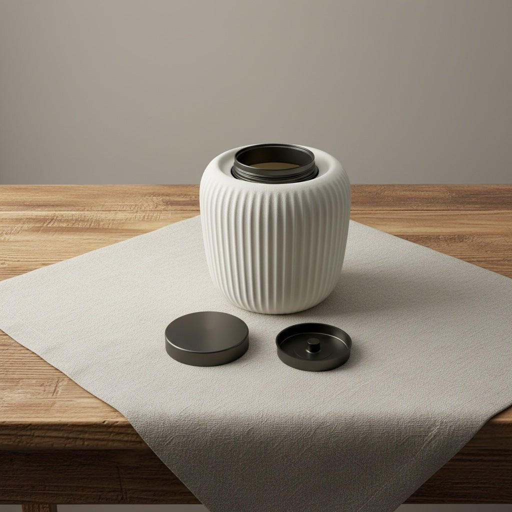 Witte geribbelde keramische urn met donkergrijze deksel op houten tafel met lichtgrijze stof