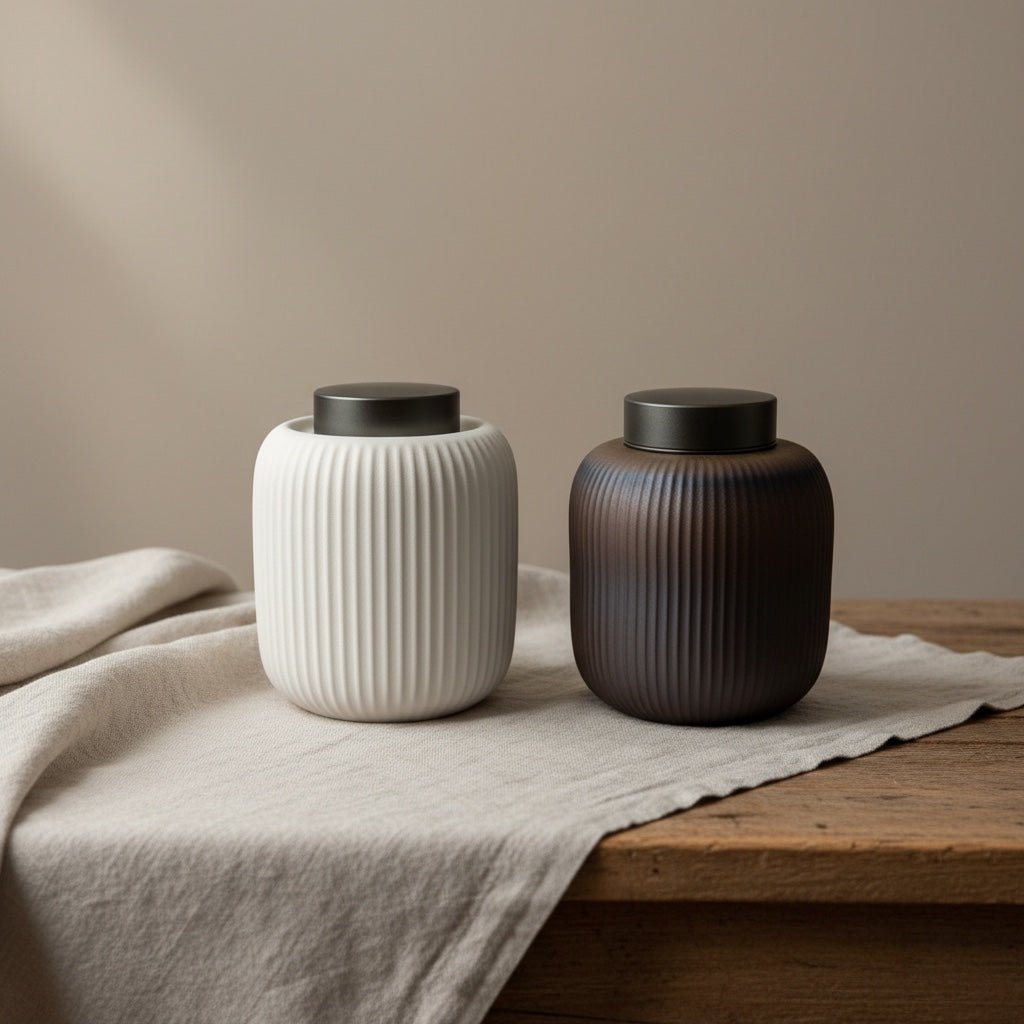 Twee geribbelde keramische urnen, wit en donkerbruin, met donkere deksels op houten tafel