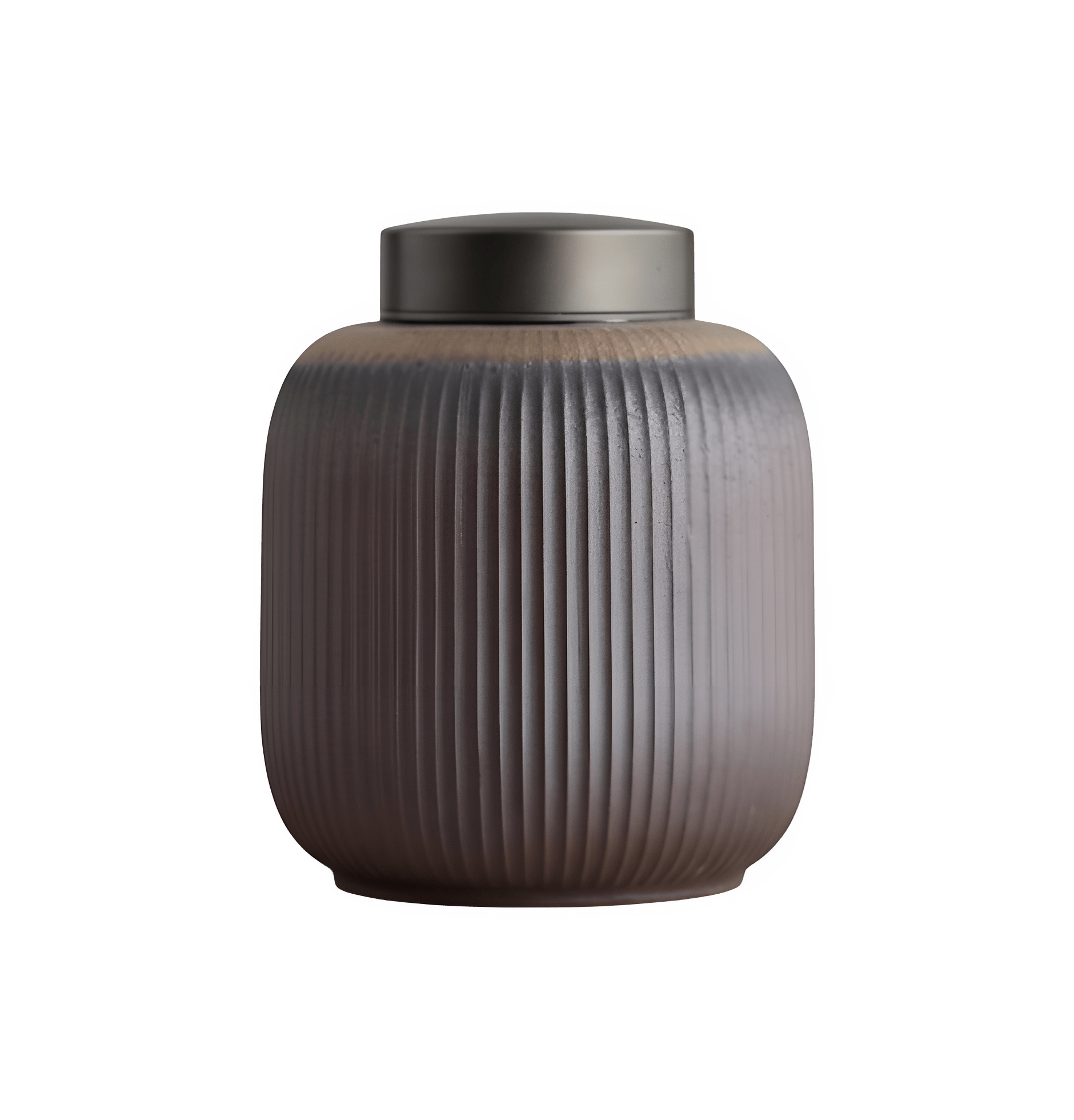 Keramische urn, bruin met verticale ribbels en een donkergrijze metalen deksel, ronde vorm