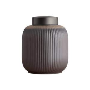 Keramische urn, bruin met verticale ribbels en een donkergrijze metalen deksel, ronde vorm