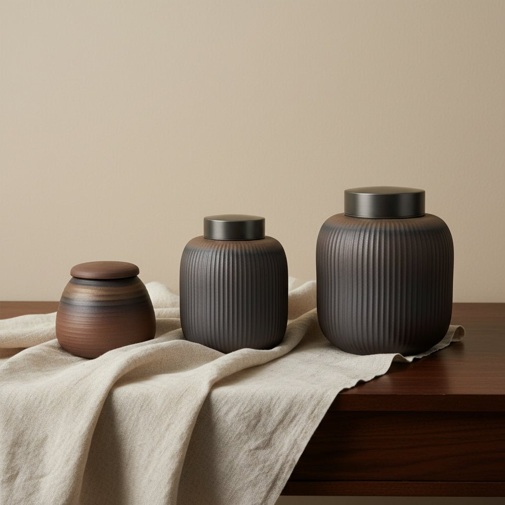 Drie keramische urnen, bruin en donkerbruin, met of zonder ribbels, op een houten tafel